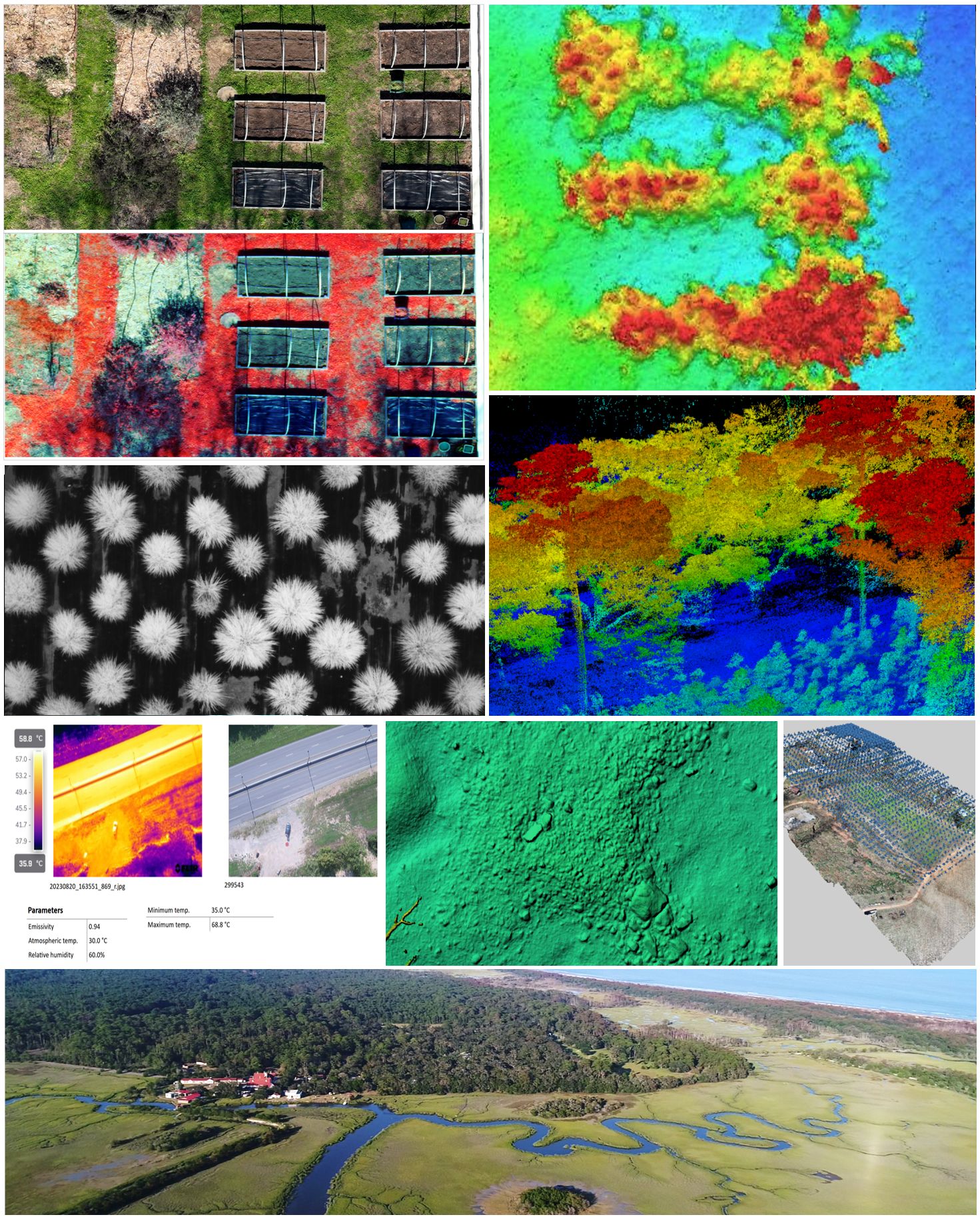 Sample of CGR's data collection capabilities and drone-based datasets, including RGB, multispectral, hyperspectral, and thermal imagery, LiDAR point clouds, and 3D models.